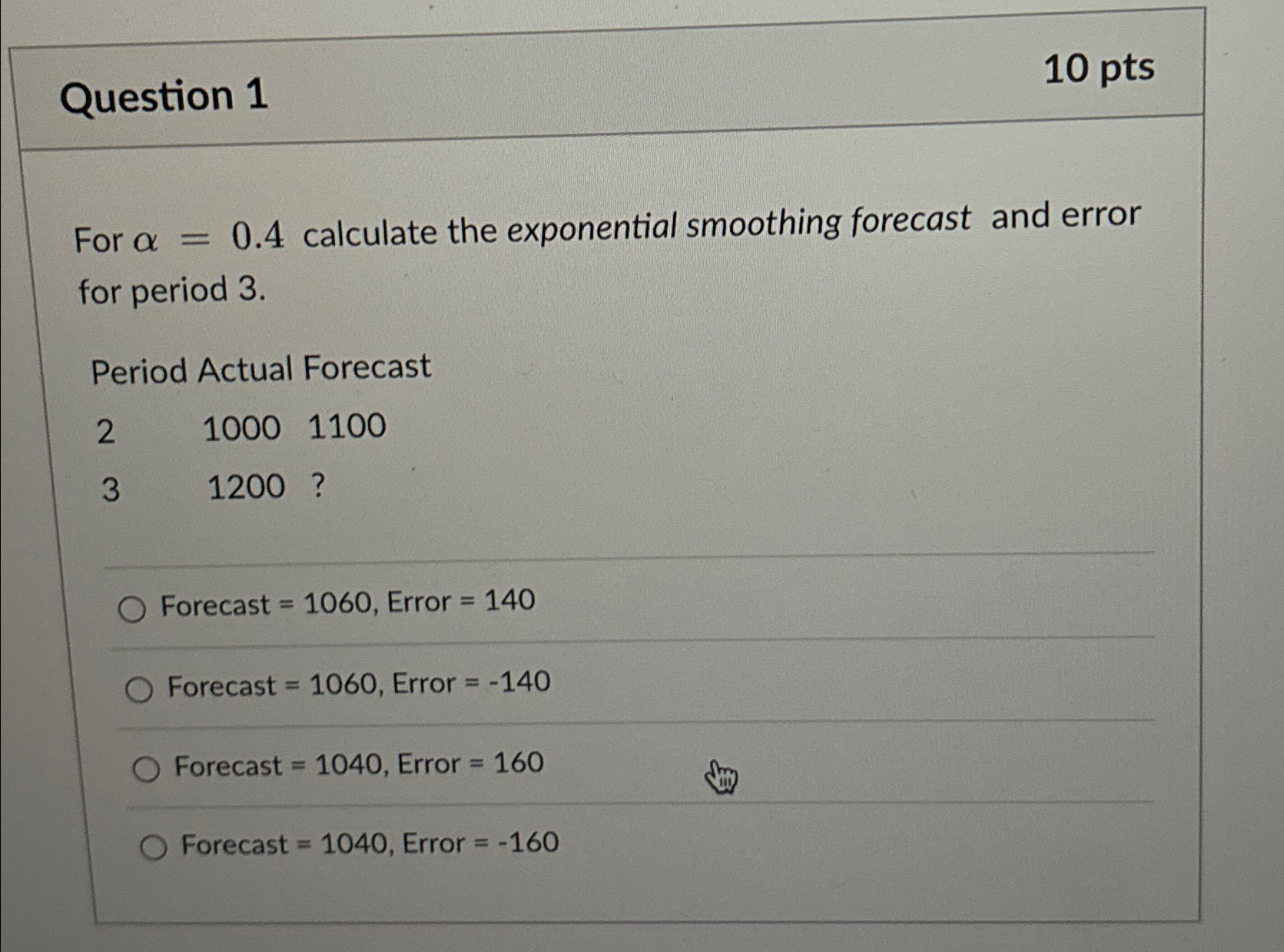  Question 1 10 pts For =0.4 calculate the exponential smoothing forecast
