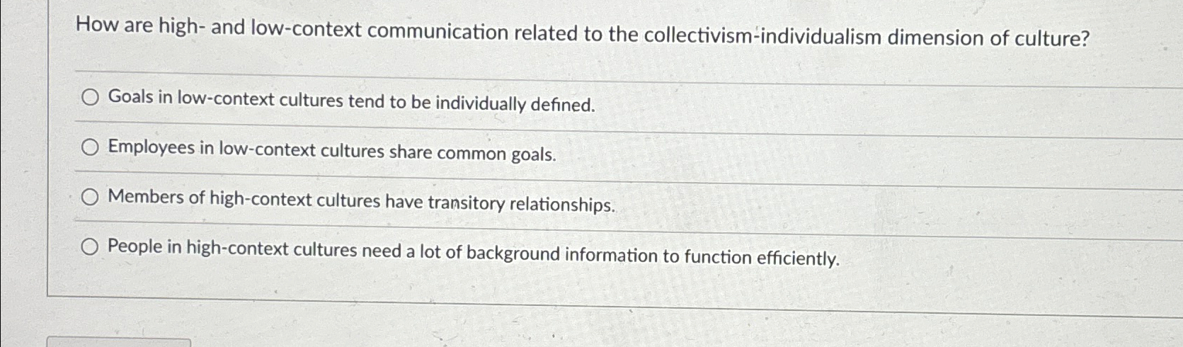  How are high- and low-context communication related to the collectivism-individualism dimension