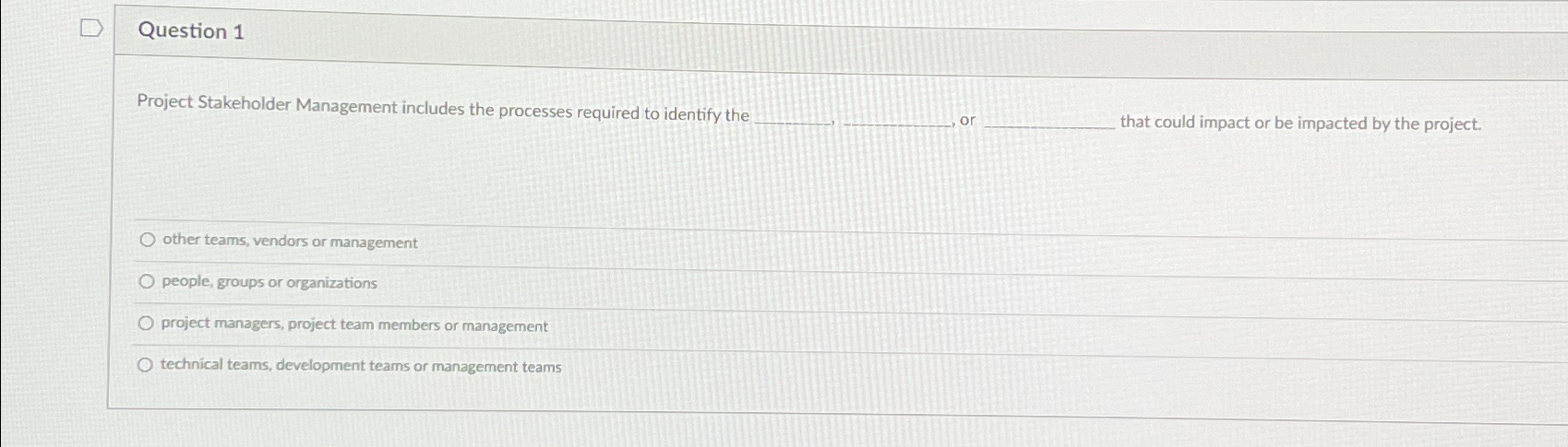  Question 1 Project Stakeholder Management includes the processes required to identify