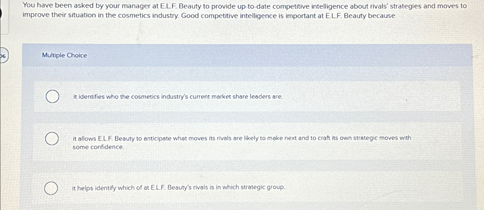  You have been asked by your manager at E.L.F. Beauty to