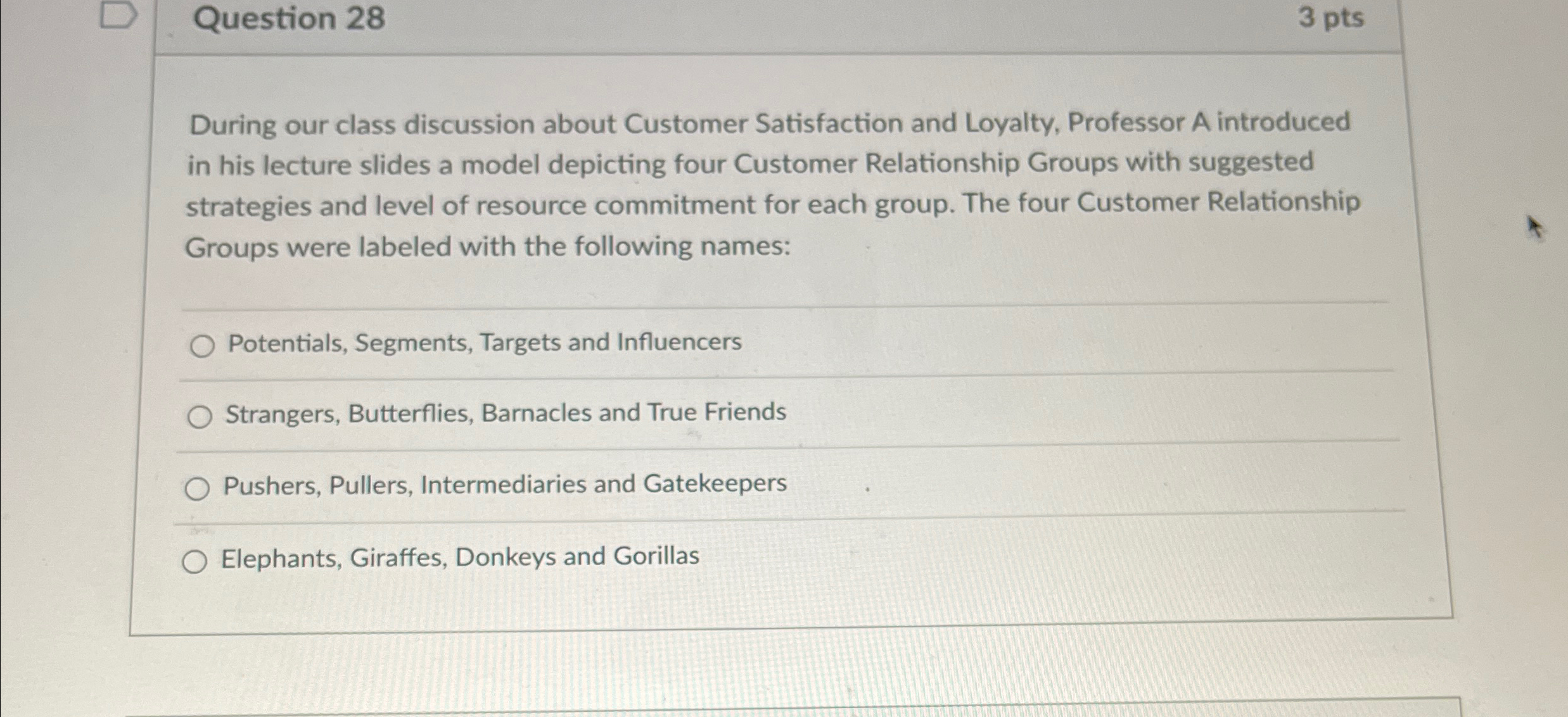  Question 28 3 pts During our class discussion about Customer Satisfaction