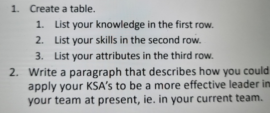  Create a table. List your knowledge in the first row. List