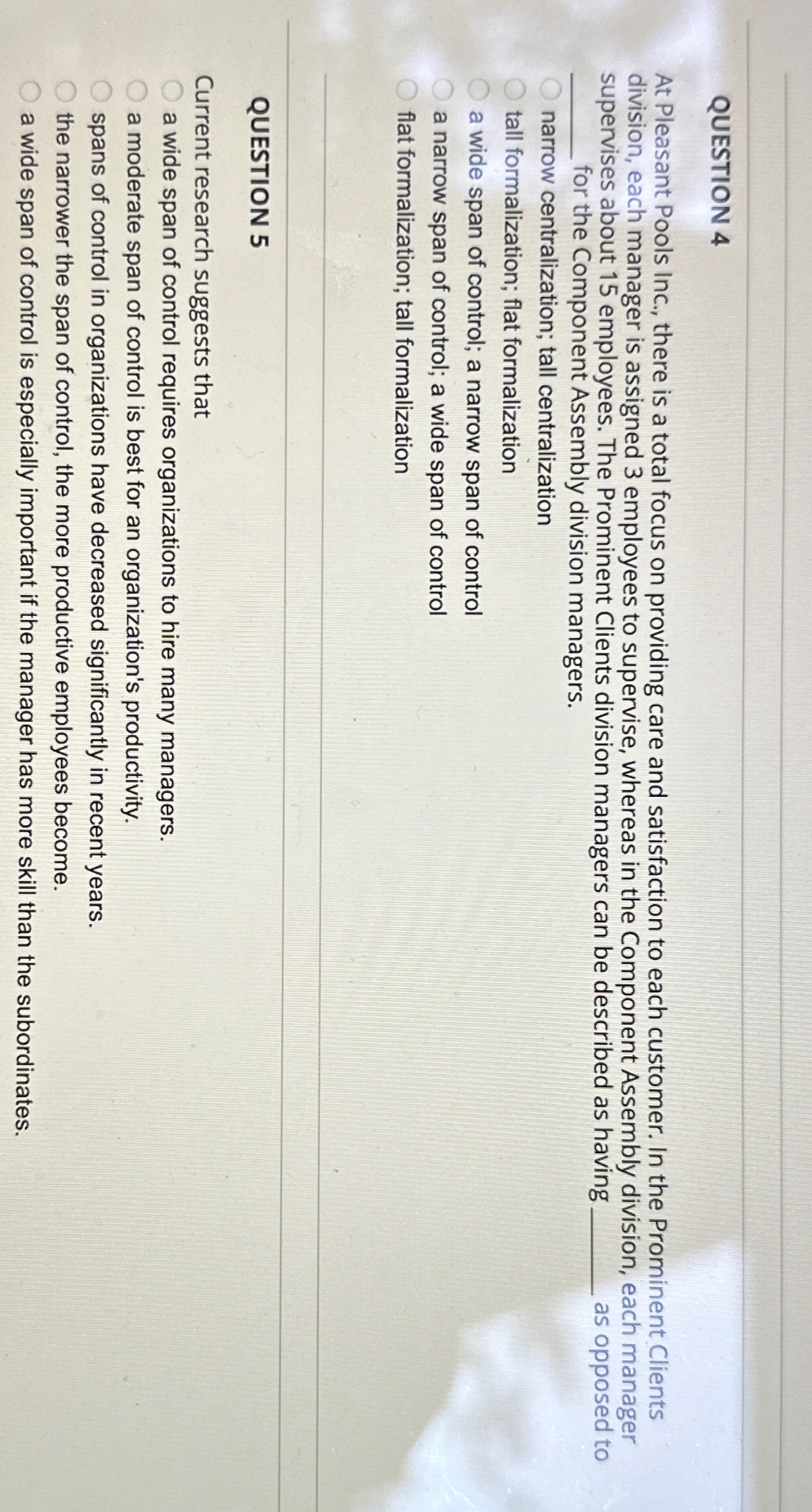  QUESTION 4 At Pleasant Pools Inc., there is a total focus