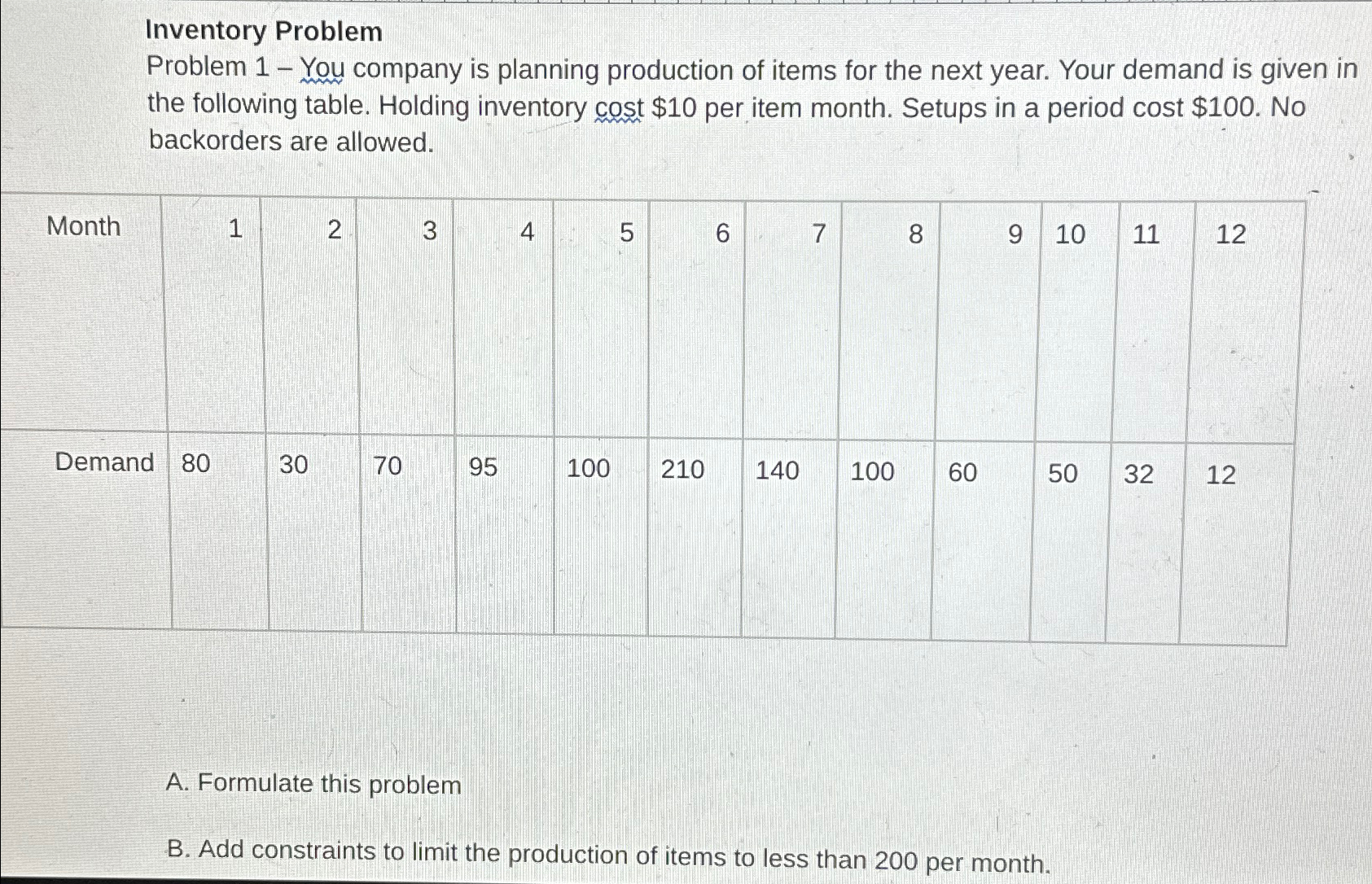  Inventory Problem Problem 1- You company is planning production of items