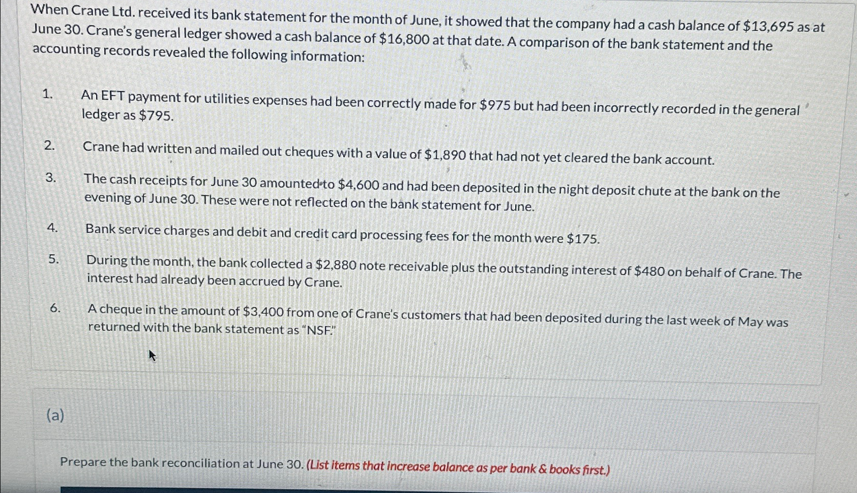  When Crane Ltd. received its bank statement for the month of