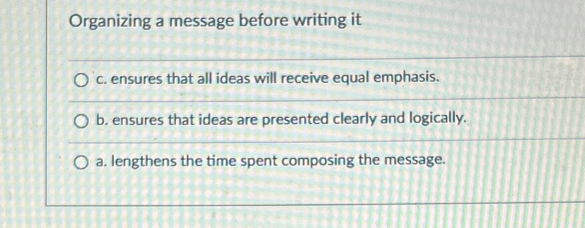  Organizing a message before writing it c. ensures that all ideas