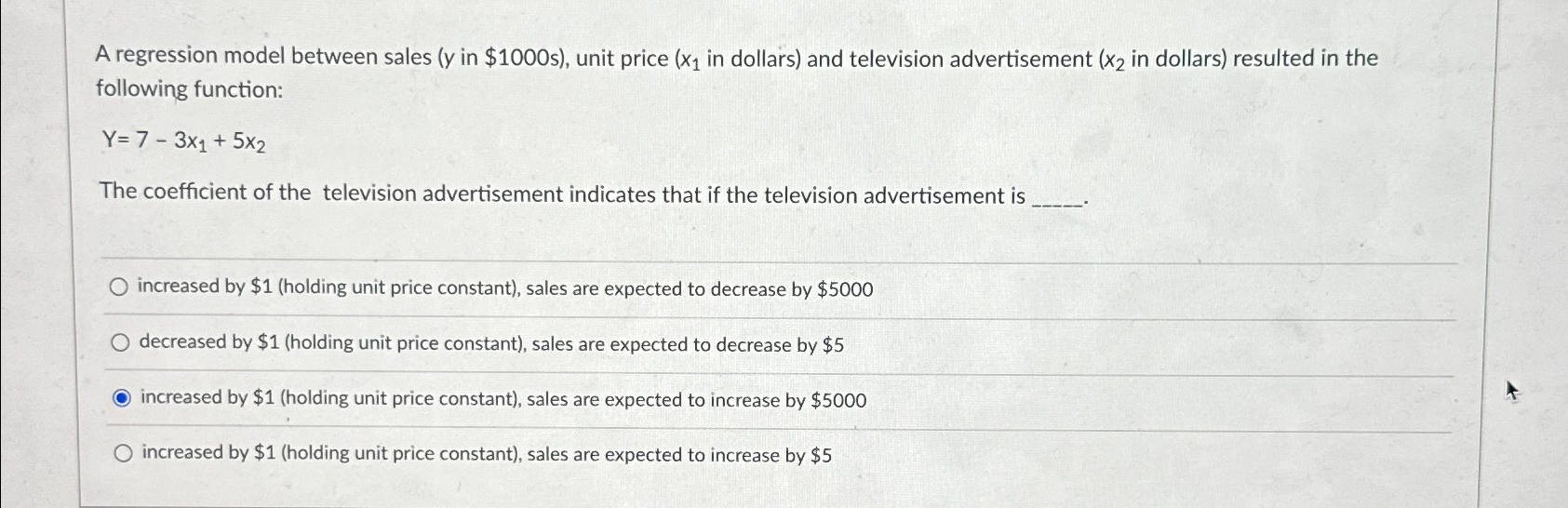  A regression model between sales (y in $1000 s), unit price