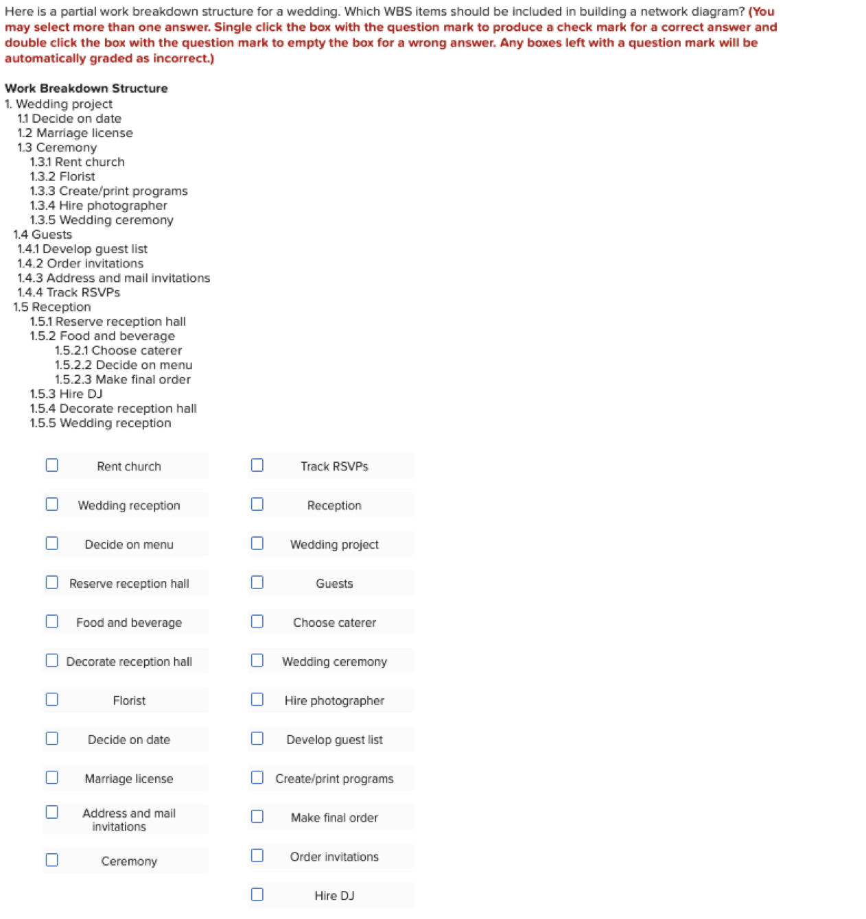  Here is a partial work breakdown structure for a wedding. Which