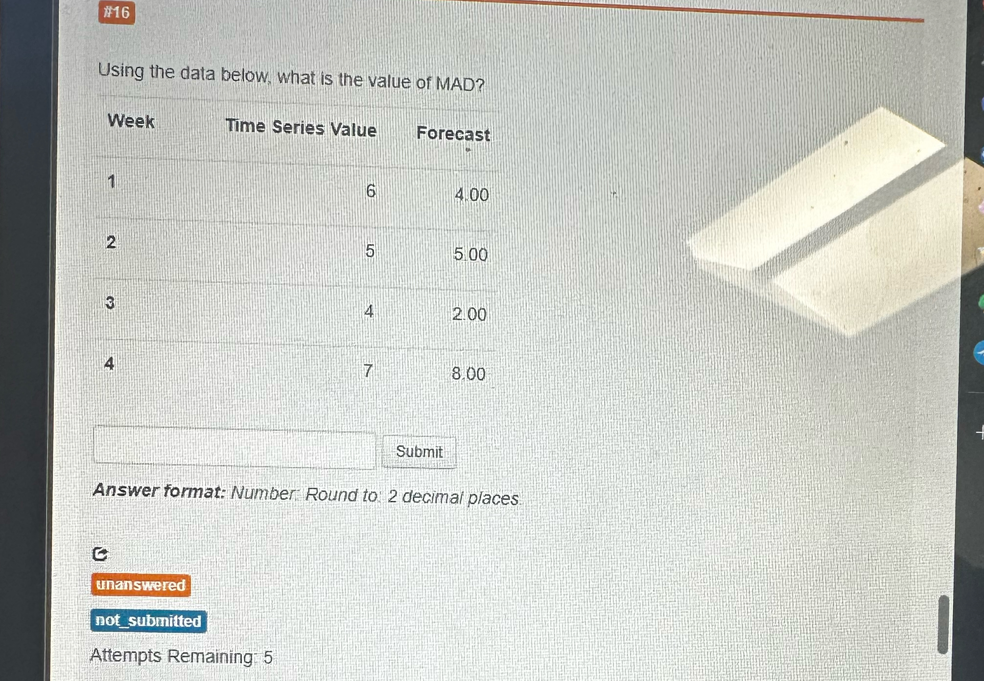  H16 Using the data below. what is the value of MAD?