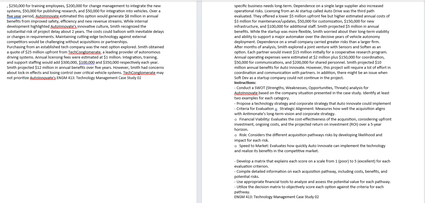  ENGM 514: Technology Management Case Study 02: Technology Acquisition Decision Objective