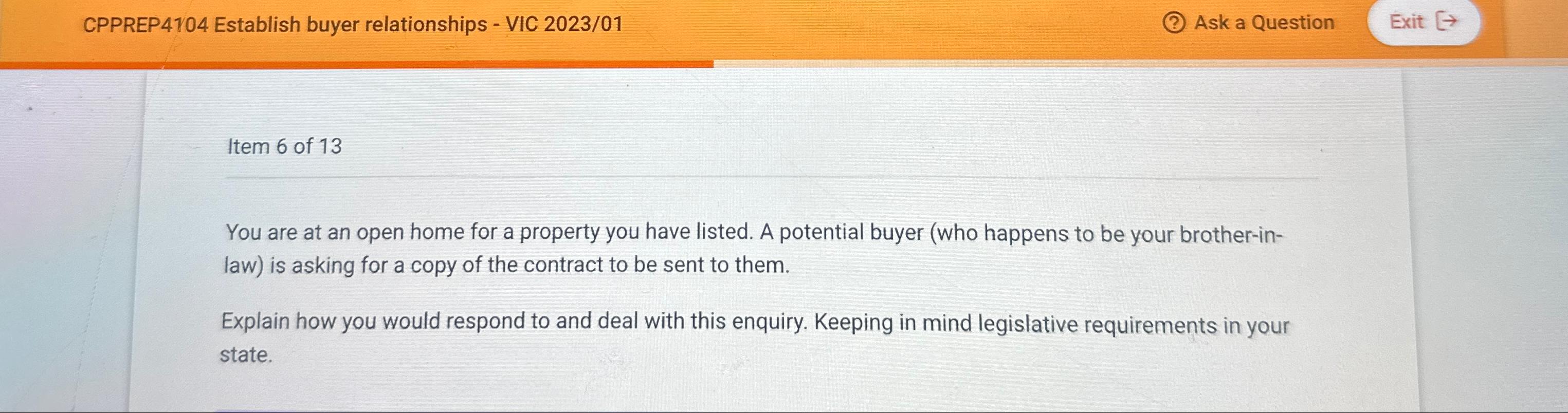  CPPREP4104 Establish buyer relationships - VIC 2023/01 Ask a Question Exit