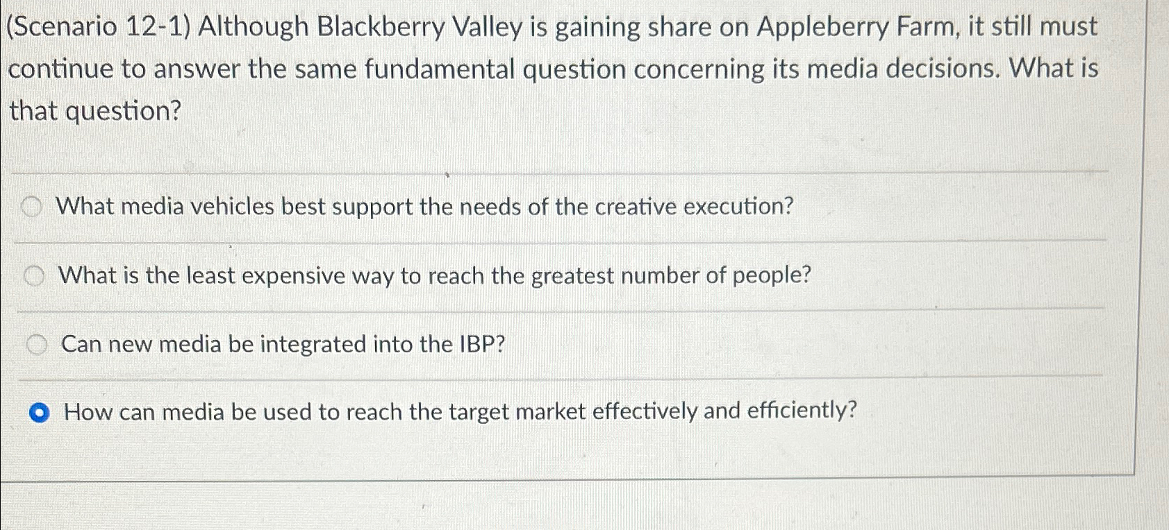  (Scenario 12-1) Although Blackberry Valley is gaining share on Appleberry Farm,