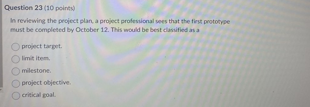  Question 23(10 points) In reviewing the project plan, a project professional