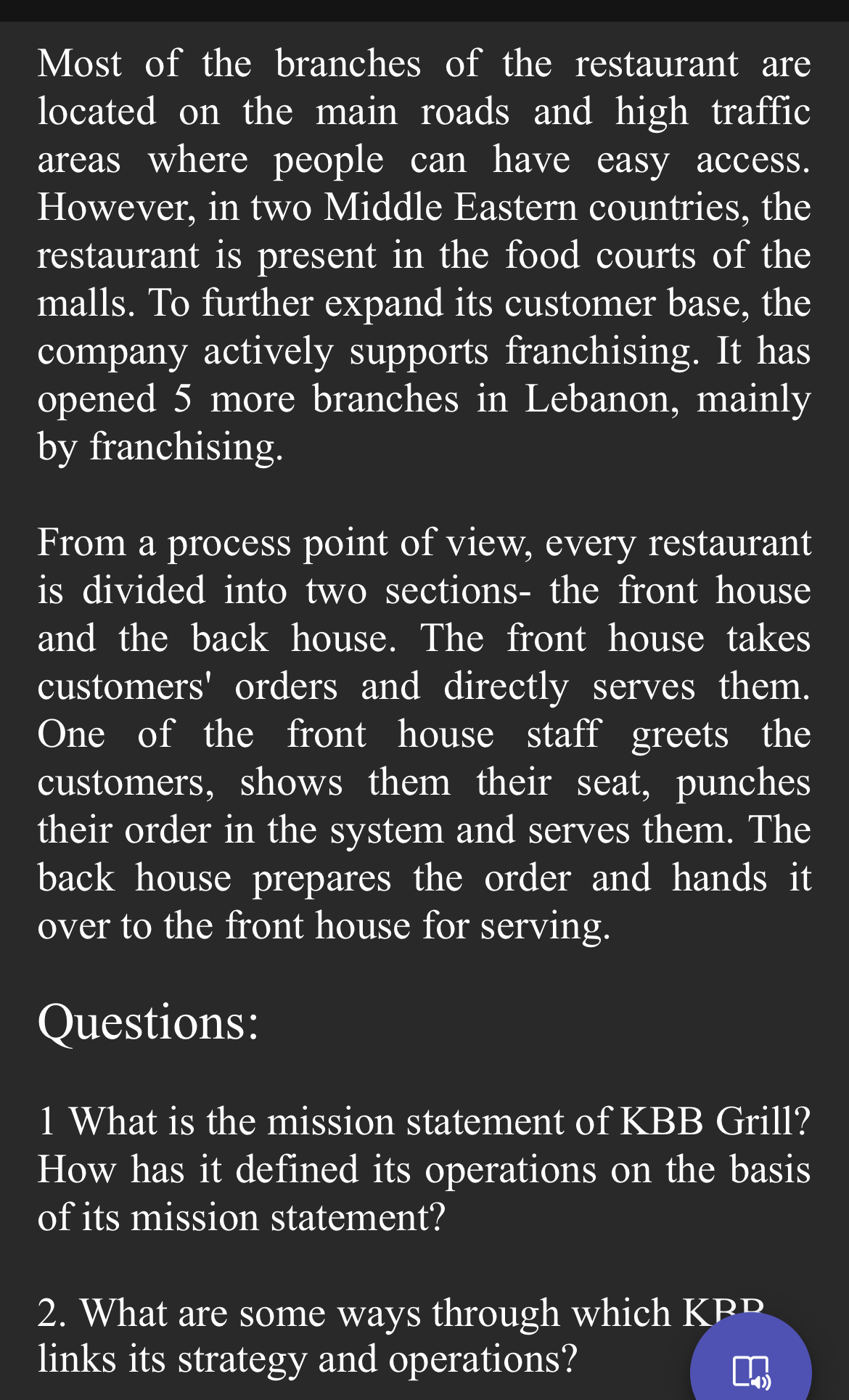  Case study: KBB Grill Operations KBB Grill, which specialises in Lebanese