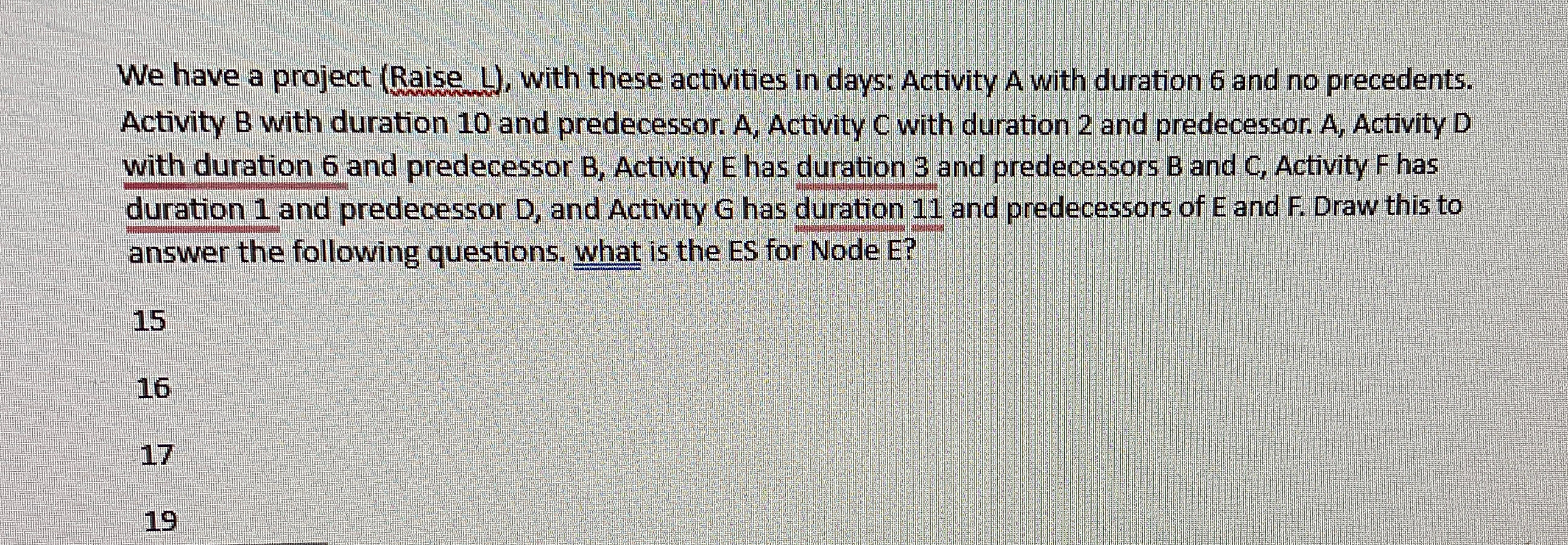  We have a project (Raise L), with these activities in days: