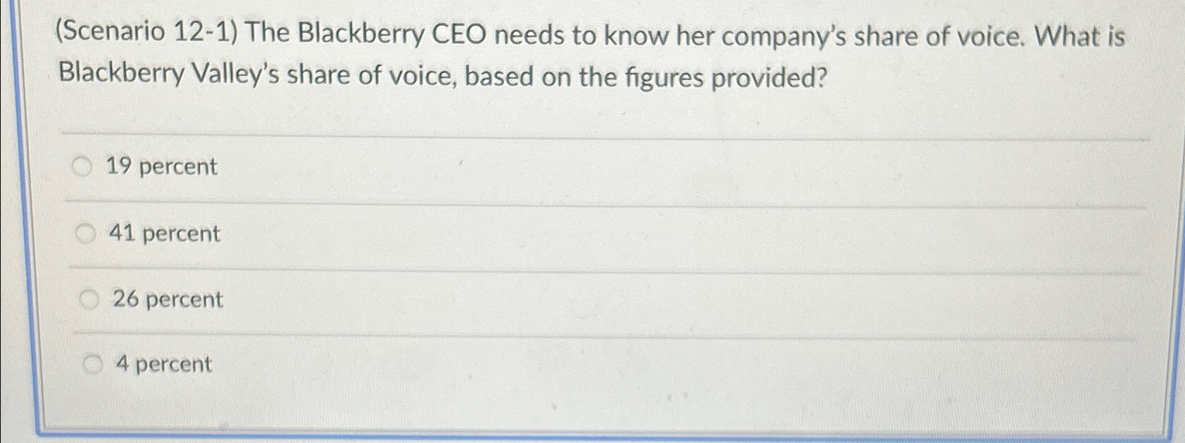 (Scenario 12-1) The Blackberry CEO needs to know her company's share