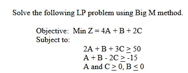 Solve the following LP problem using Big M method. Objective: Min Z