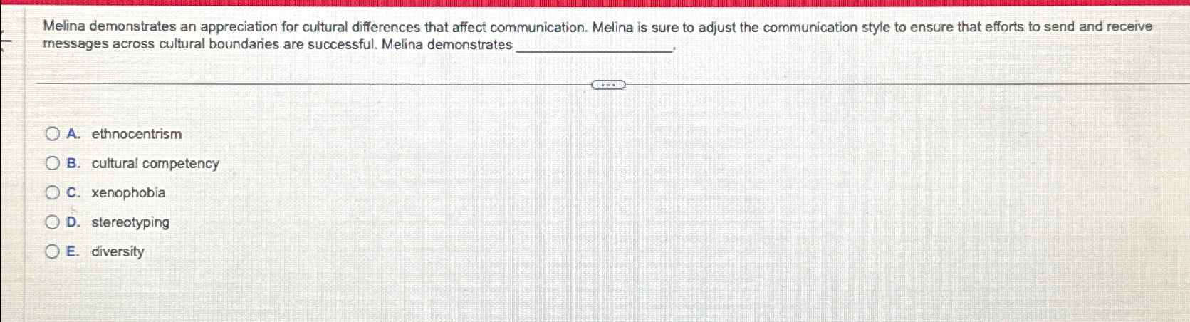  Melina demonstrates an appreciation for cultural differences that affect communication. Melina