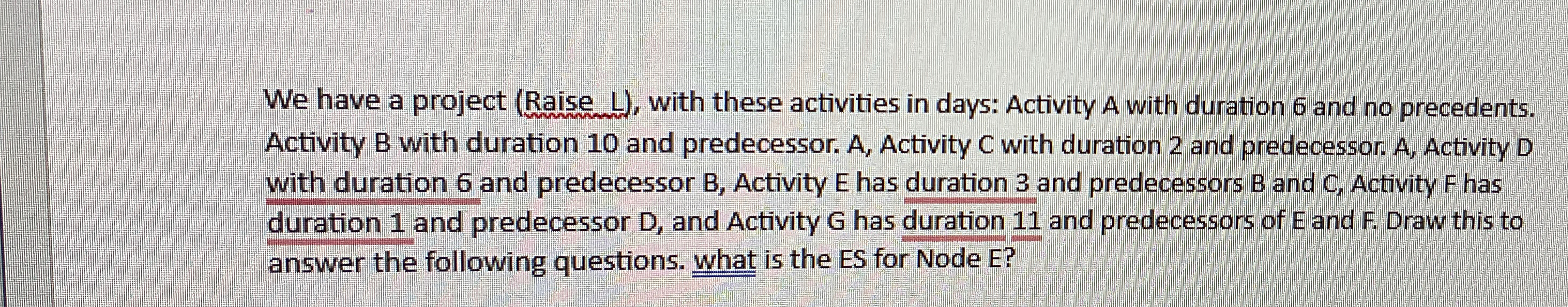  We have a project (Raise L), with these activities in days: