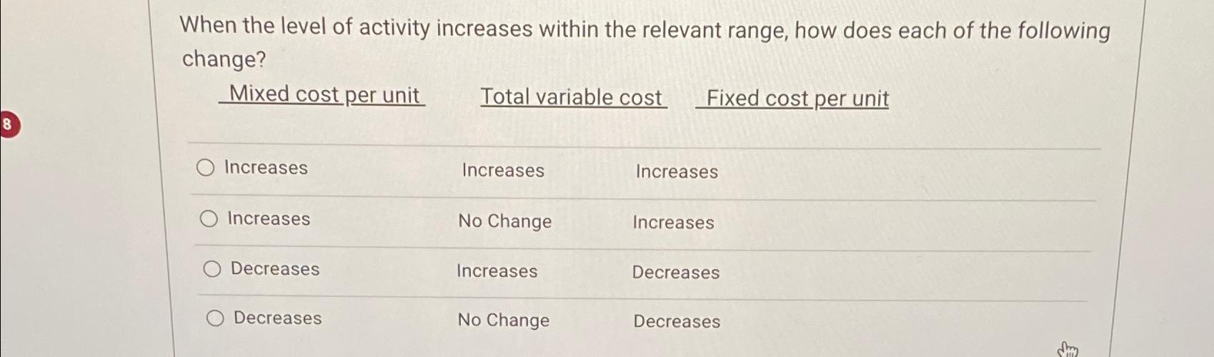  When the level of activity increases within the relevant range, how