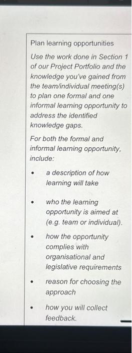  Plan learning opportunities Use the work done in Section 1 of