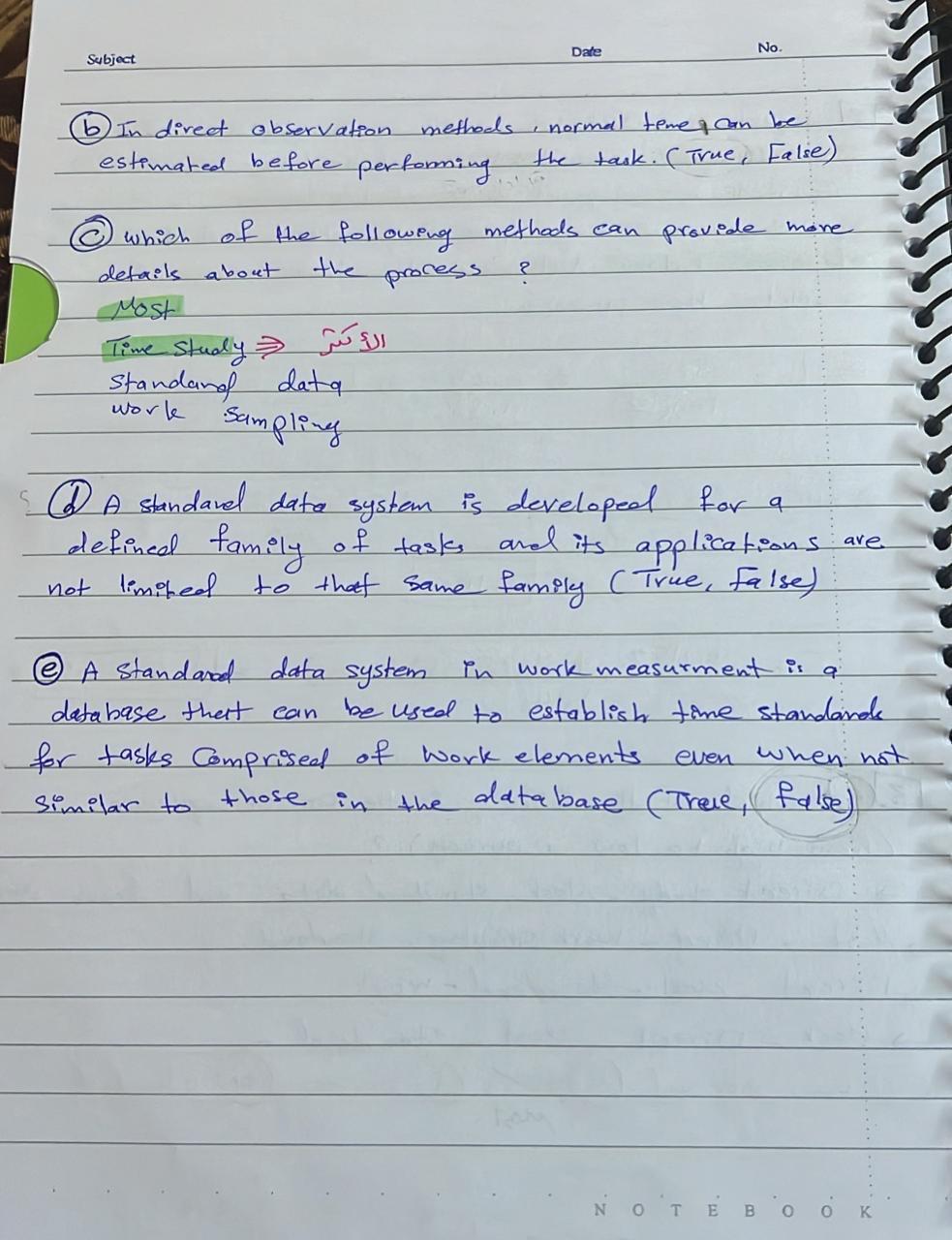  Subject Date No. (b) In direct observation methods, normal timeican be