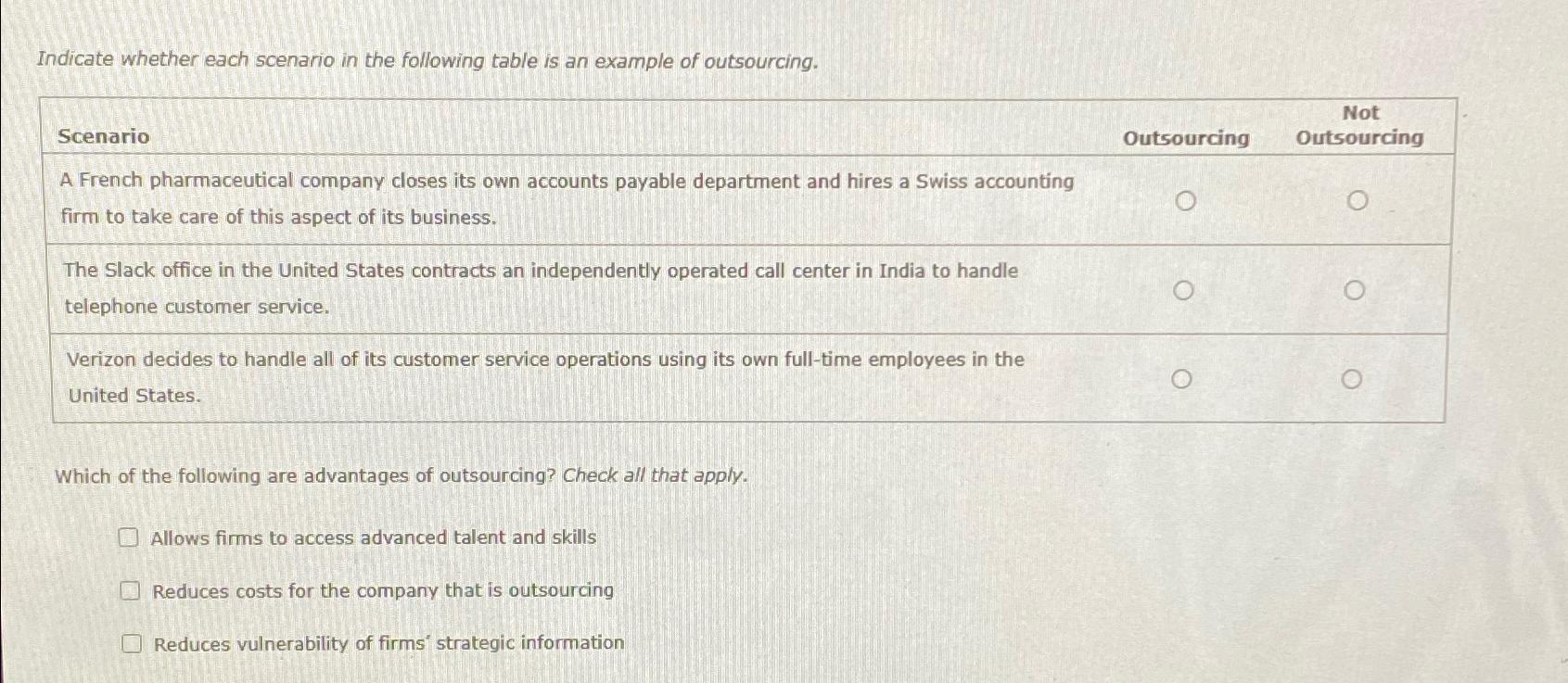  Indicate whether each scenario in the following table is an example