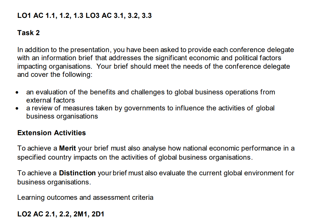  Unit 1 Business Organisations in a Global Context Assignment Assignment Scenario