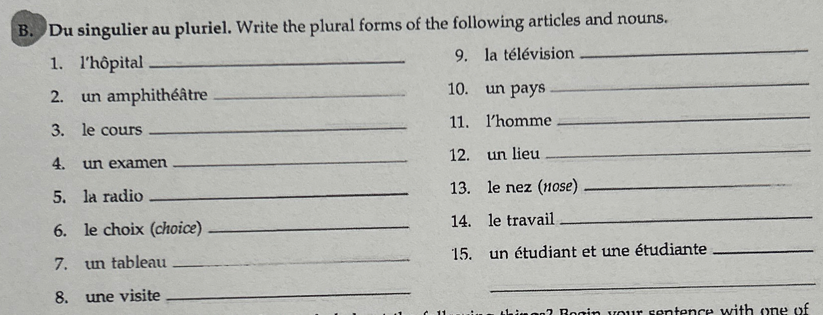  B. Du singulier au pluriel. Write the plural forms of the