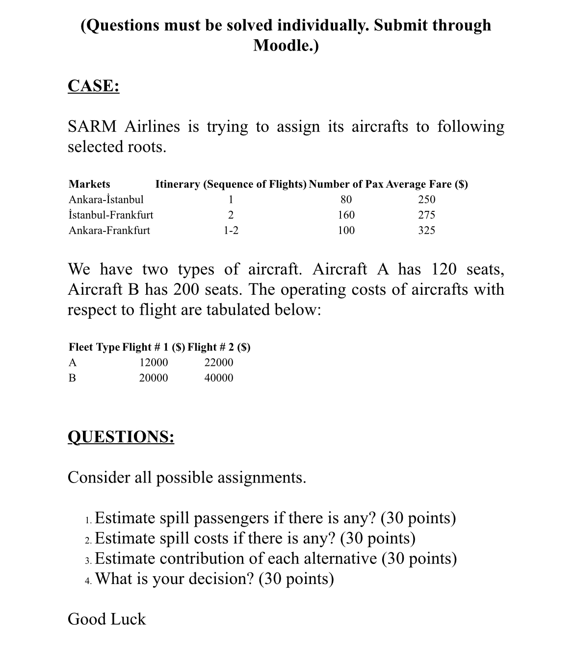  (Questions must be solved individually. Submit through Moodle.) CASE: SARM Airlines
