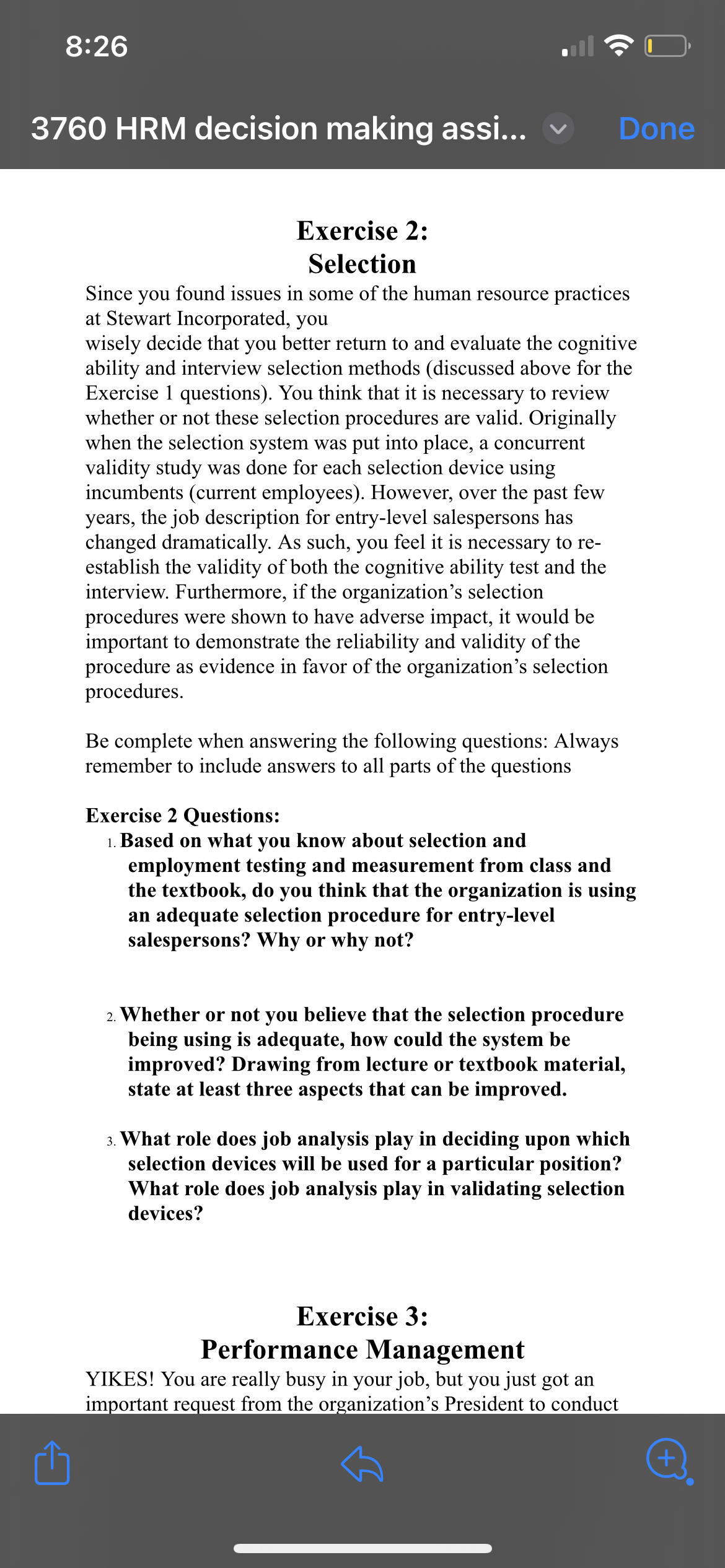  8:26 3760 HRM decision making assi... Exercise 2: Selection Since you