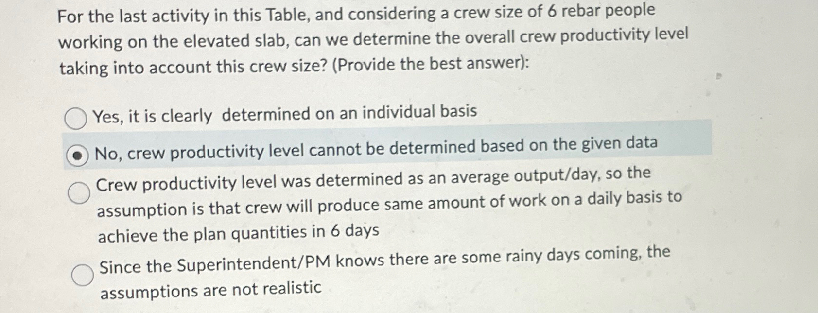  For the last activity in this Table, and considering a crew