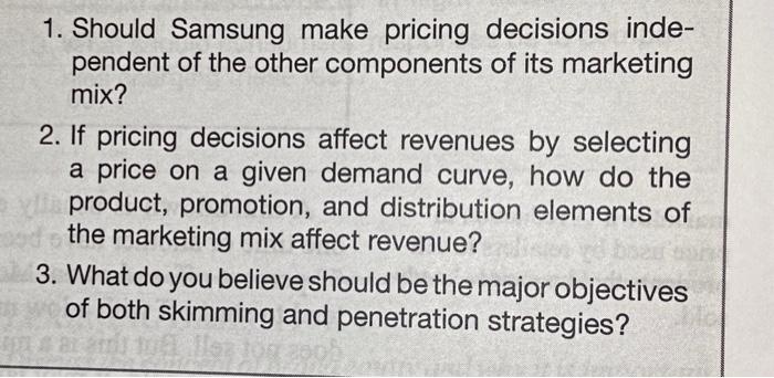 Chapter 9 Case in Point: Samsung Uses Different Pricing Strategies answer each