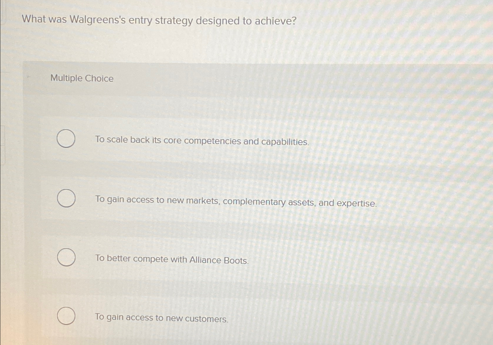 What was Walgreens's entry strategy designed to achieve? Multiple Choice To