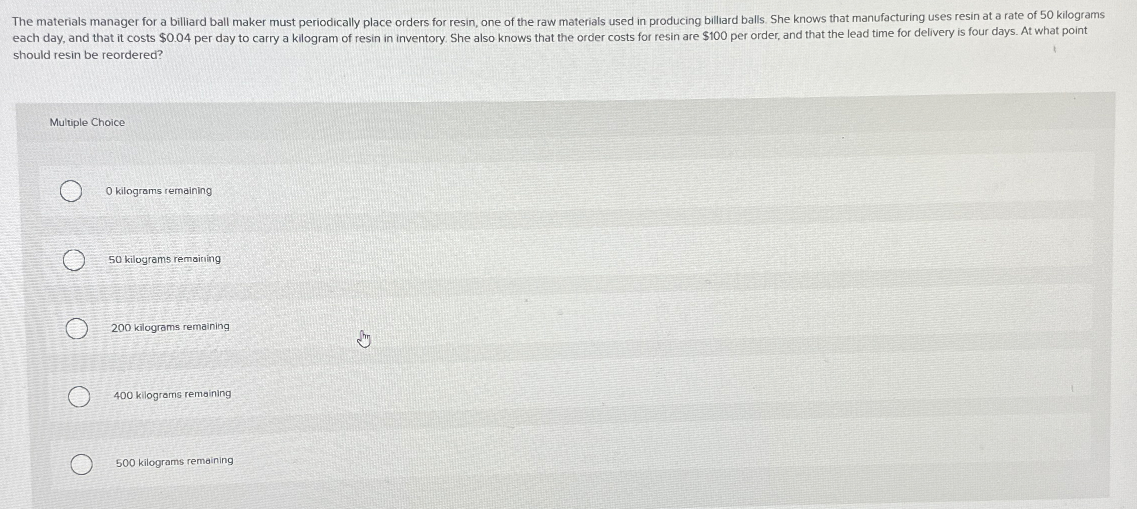  The materials manager for a Billard ball maker must periodically place