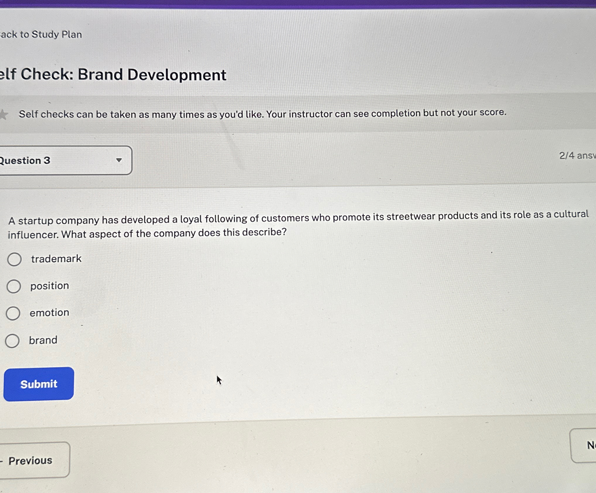  ack to Study Plan elf Check: Brand Development Self checks can