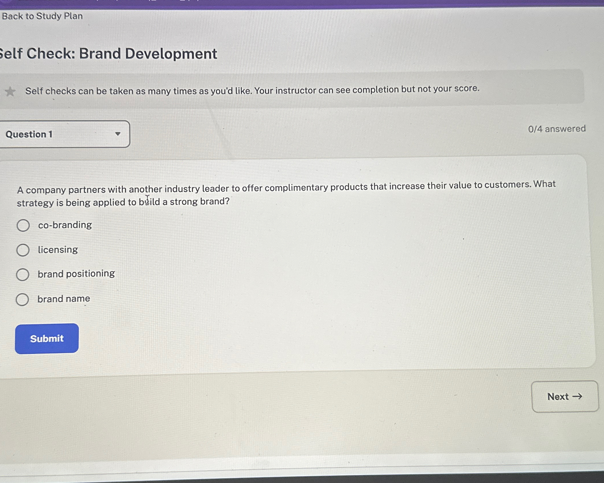 Back to Study Plan Self Check: Brand Development Self checks can