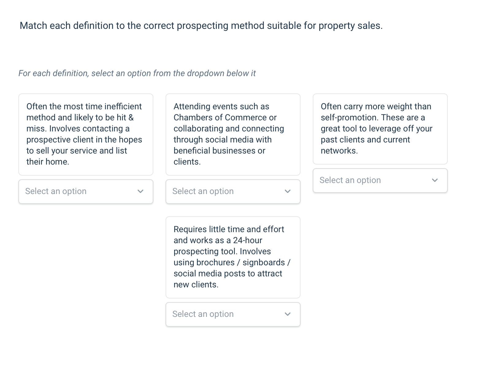  Match each definition to the correct prospecting method suitable for property