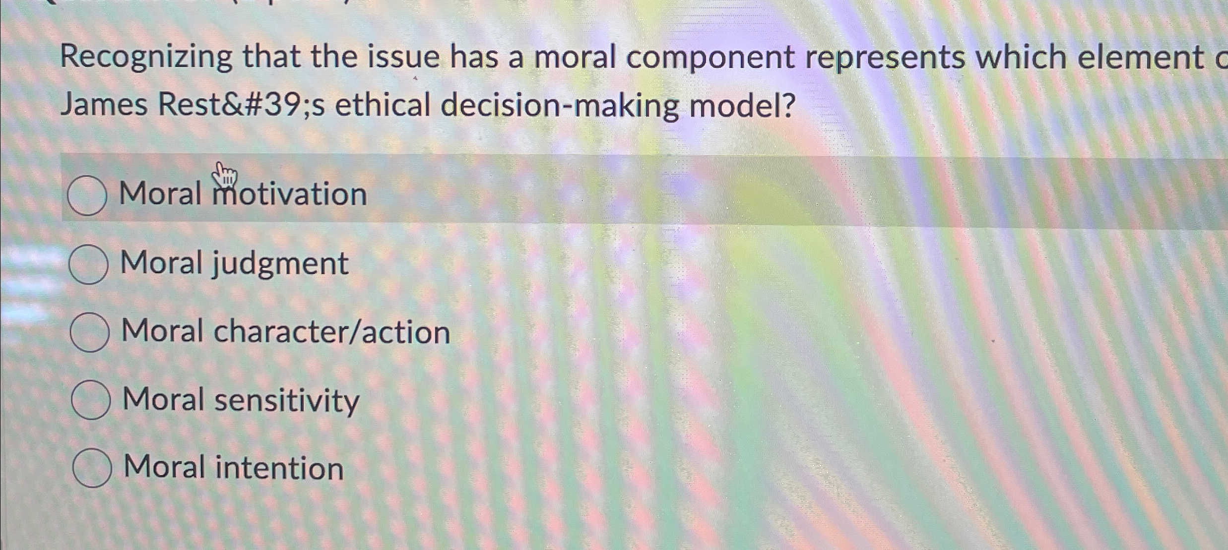  Recognizing that the issue has a moral component represents which element