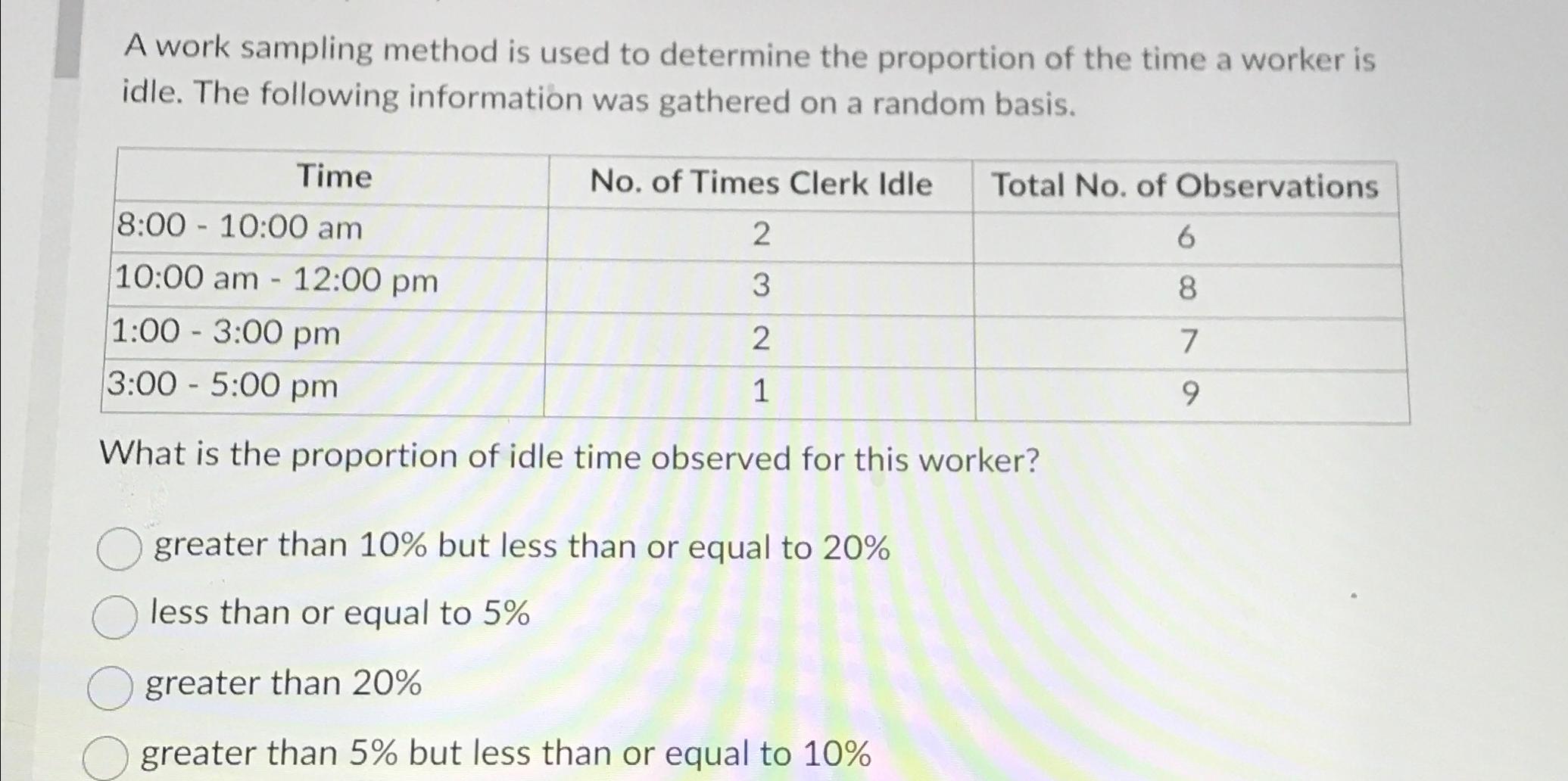  A work sampling method is used to determine the proportion of