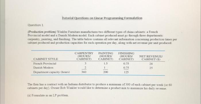  Tutorial Questions on Linear Programming Formulation Question 1 (Production problem) Winkler