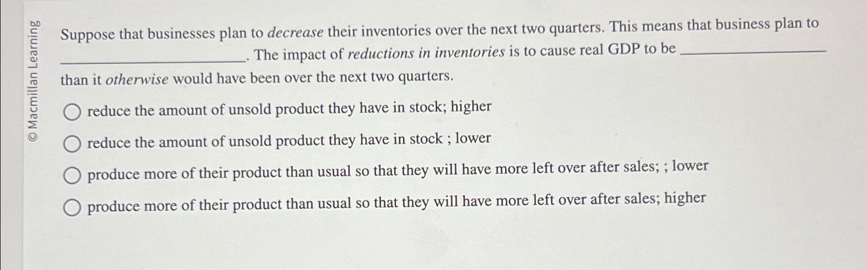  Suppose that businesses plan to decrease their inventories over the next