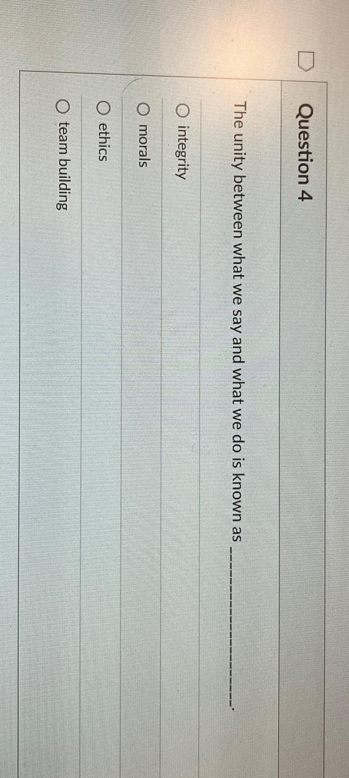  Question 4 The unity between what we say and what we