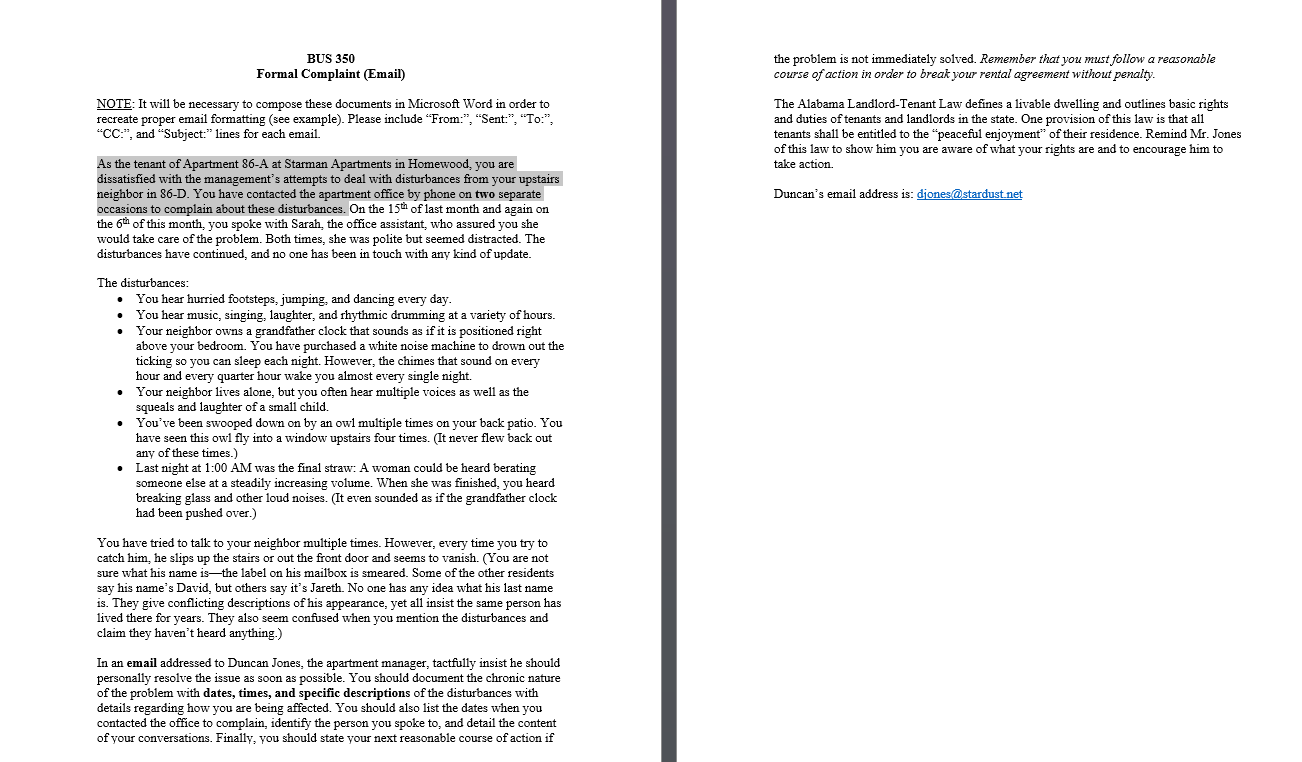  BUS 350 Formal Complaint (Email) NOTE: It will be necessary to