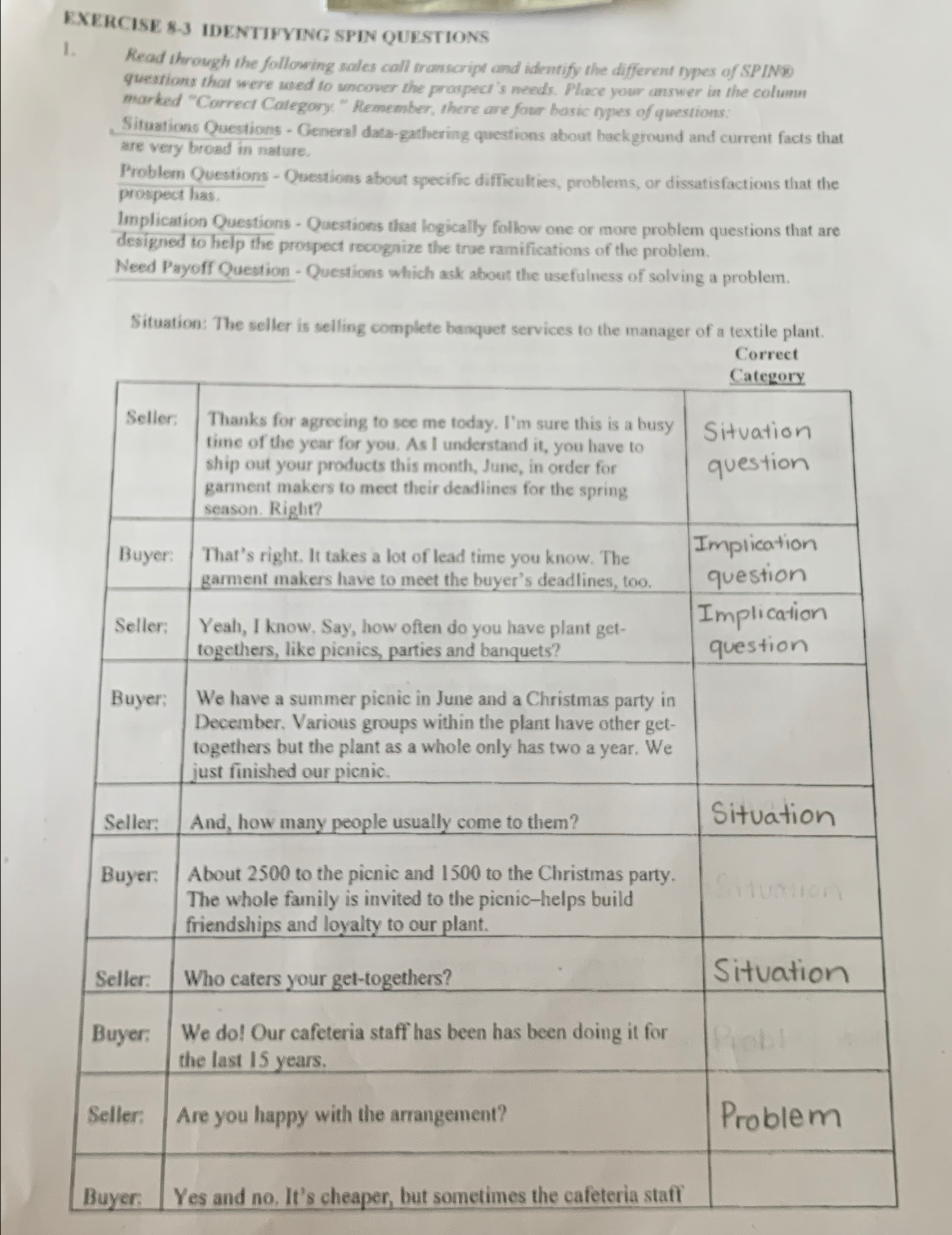  EXERCISE 8-3 IDENTIFYING SPIN QUESTIONS Read through the following sales call