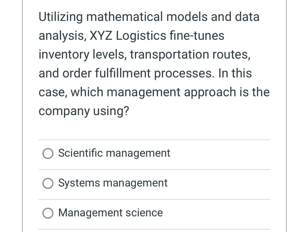  Utilizing mathematical models and data analysis, XYZ Logistics fine-tunes inventory levels,