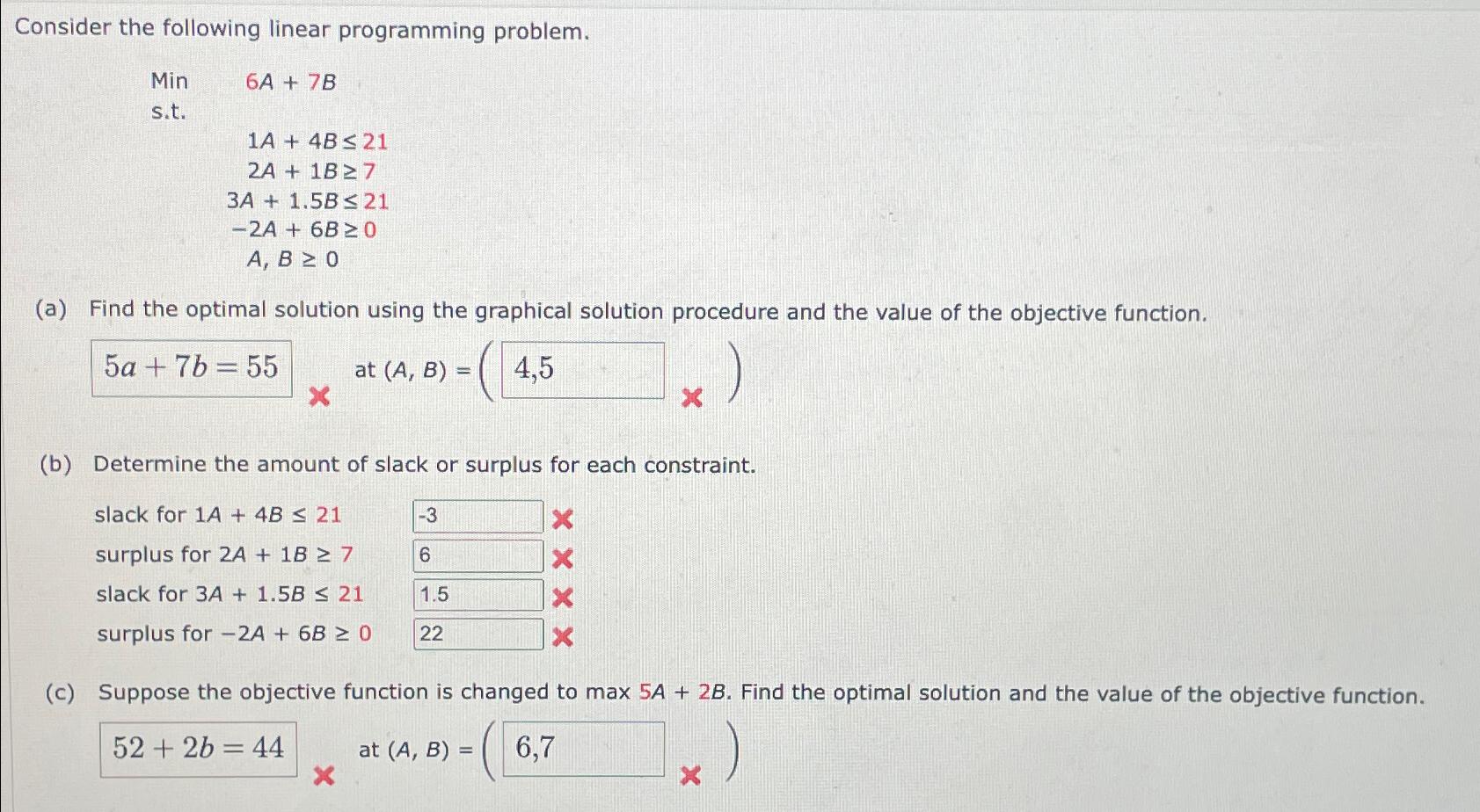  Consider the following linear programming problem. Min 6A+7B s.t.1A+4B21 ,2A+1B7 ,3A+1.5B21
