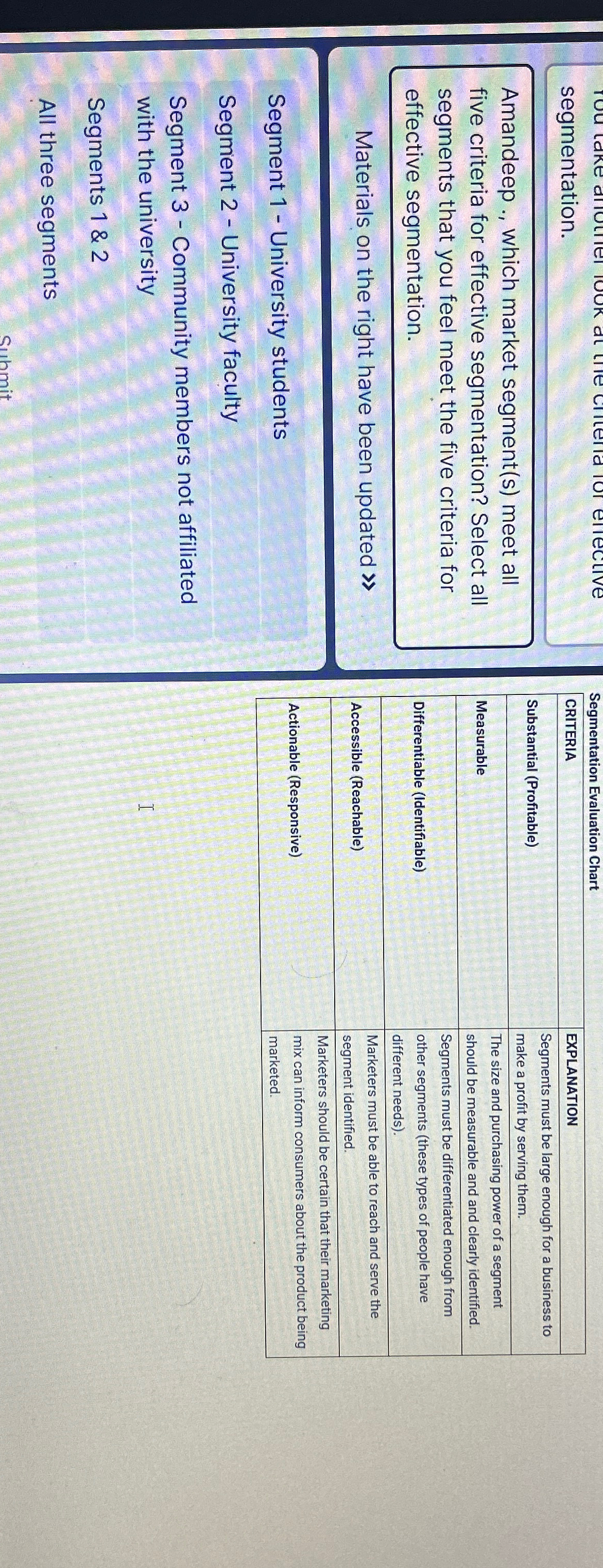  segmentation. Amandeep ., which market segment(s) meet all five criteria for