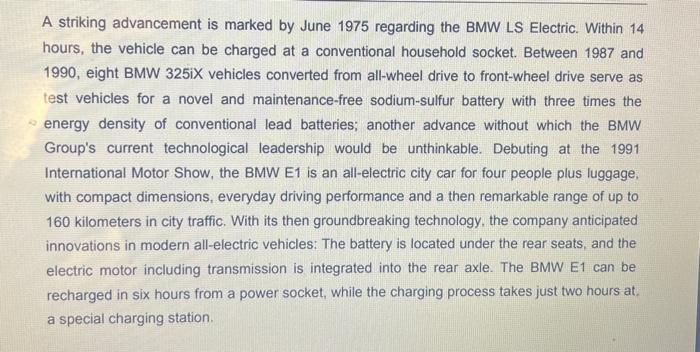 electric BMW vehicles begins with two cars at the 1972 Olympic Games.
