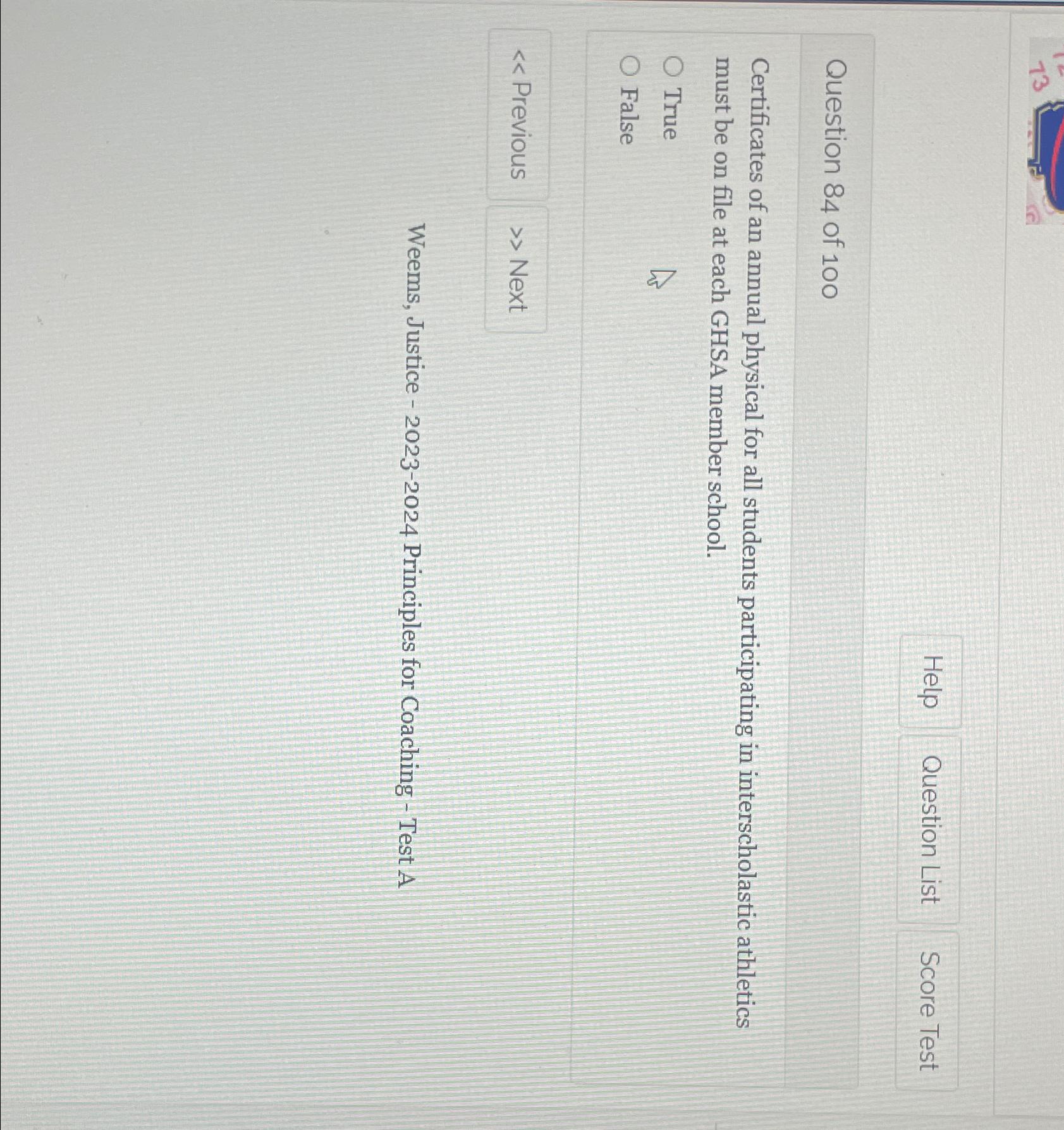 13 Help Question List Score Test Question 84 of 100 Certificates